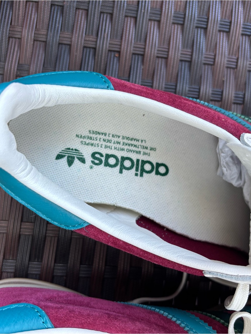 adidas Gazelle Indoor Burgundy Suede Sneakers with Teal and Dark Green Stripes - Picture 5 of 9